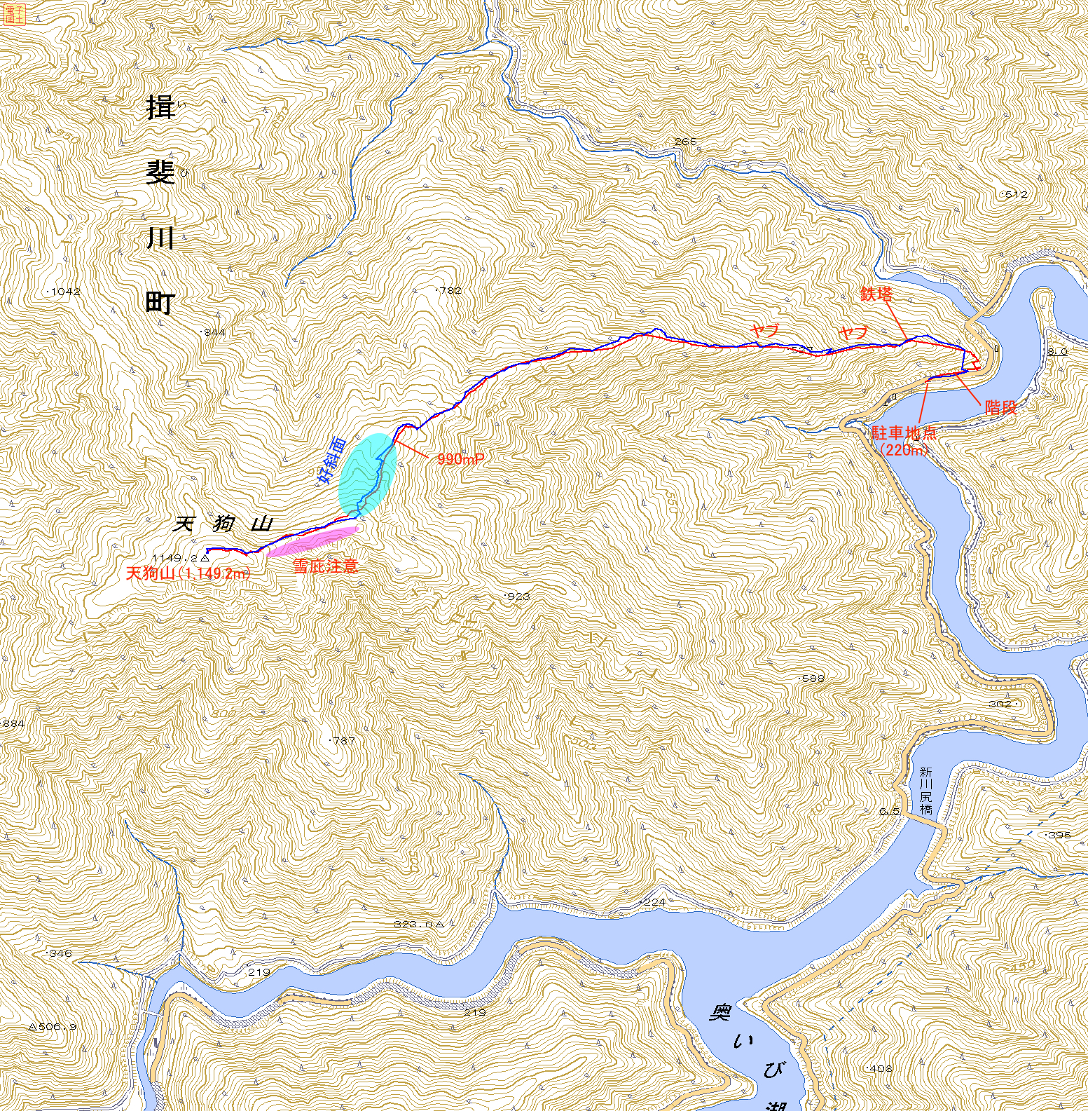 GPS軌跡　赤：往路、青：復路。