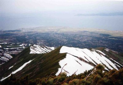 尾根の東面に雪が残る。