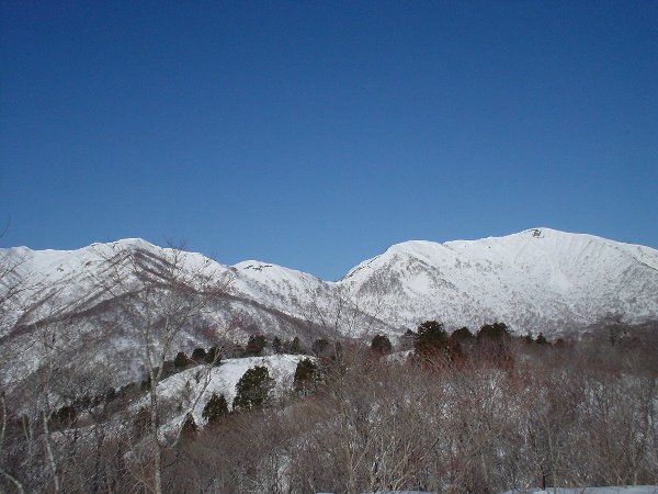 杉山山頂から見た小白山（左）と野伏ヶ岳（右）。