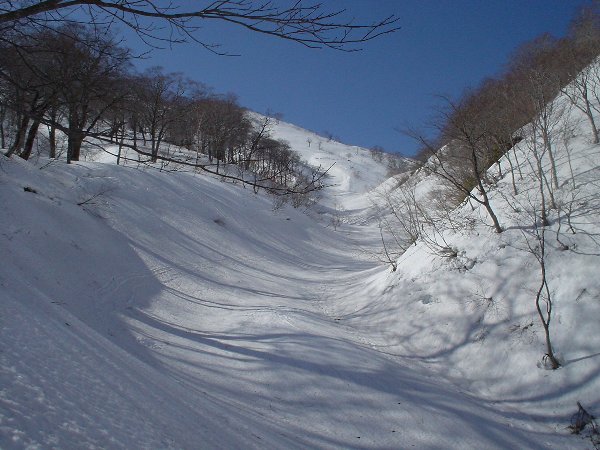 出合（1300m）から右岸に登り上がる。