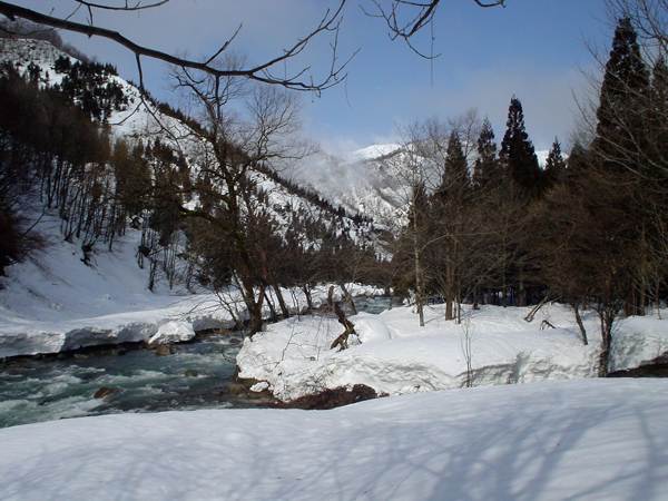 初河谷出合。薙刀山山頂がのぞく。