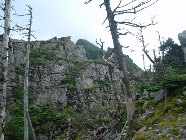 釈迦ヶ岳への登りに現れた岩壁、これは左に巻く。