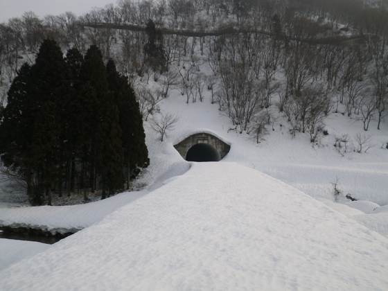 余呉町菅並、高時川にかかる橋を渡る。正面に見えるのはその名も北海道トンネル。 北西尾根への取付はトンネル右から登り上がって左上し、左側の稜線に出るのが正解。 