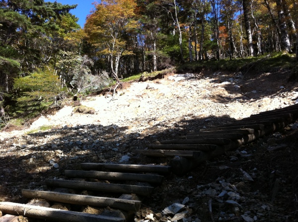 狼平から弥山に登る木道脇の崩壊。通行には問題ない。